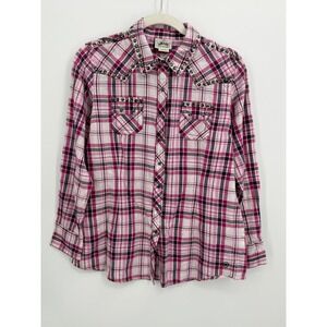 Ariat Button Down Shirt Womens L Pink Plaid Studded Western Long Sleeve Cowgirl